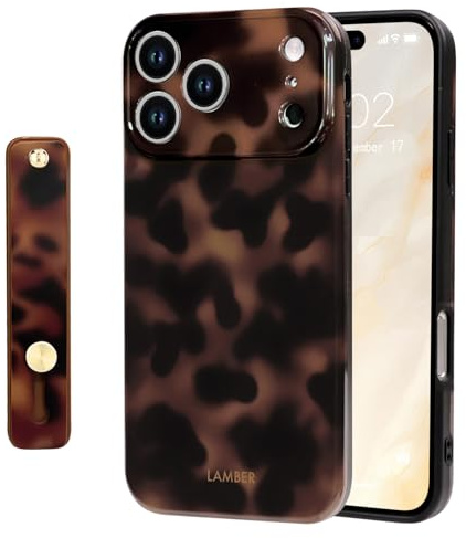 NITITOP Compatible with iPhone 17 Pro Case Cute Leopard Print Brown Amber Tortoise Design for Women Girls Men with Wrist Adjustable Strap Kickstand Aesthetic Protective Cover - Brown Leopard