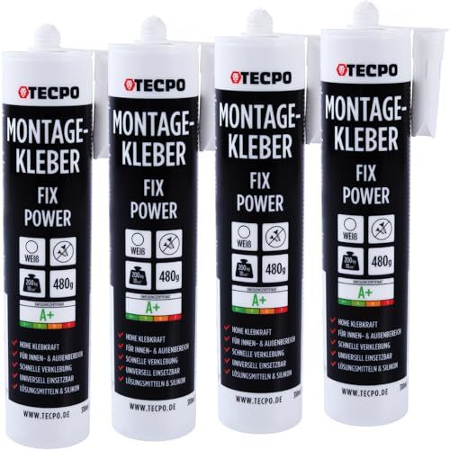 TECPO Montagekleber Fix Power, 4X 480g Universal Baukleber Kartuschen Kraftkleber 200kg 10 cm² für Akustikpaneele, Styropor, Sockelleite Innen und Außen schnelle Verklebung ohne Grundierung