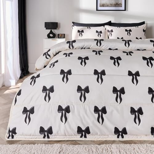 OHS King Size Duvet 10.5 Tog Coverless, Stylish Bow Print Soft Warm Microfibre Coverless Duvet King Size Camping Summer Winter Washable Quilt Bedding with Pillowcases, Monochrome