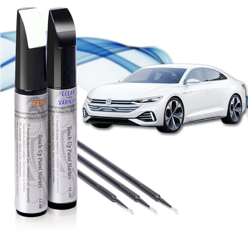 Reparador de Arañazos para Coche, Lápiz de Retoque para Automóvil, Bolígrafo Repara Arañazos, Rotulador de Reparación, 2 Piezas de Pintura de Retoque Volkswagen (LC9A Blanco Puro) con Base + Laca.