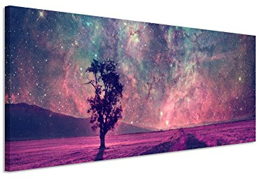 Panorama Fotoleinwand 120x40cm Künstlerische Fotografie – Fantastische Milchstraße mit Baum auf Leinwand exklusives Wandbild moderne Fotografie für ihre Wand in vielen Größen