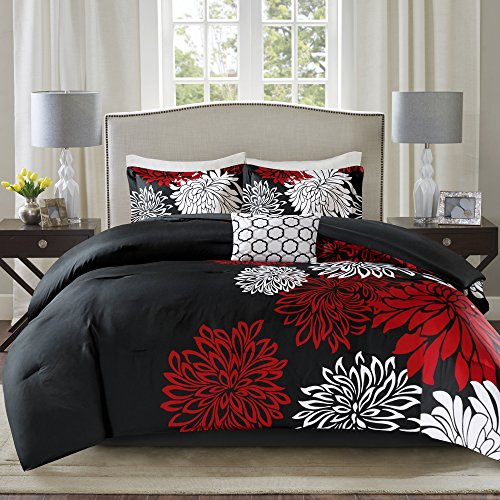 Comfort Spaces Enya Bettdecken-Set, modernes Blumendesign, alle Jahreszeiten, Daunen-Alternative, passende Kissenbezüge, Bettrock, dekorative Kissen, King (264,2 x 228,6 cm), Rot/Schwarz
