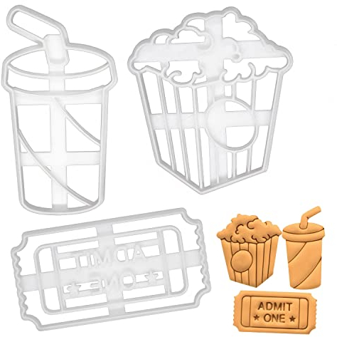 ensemble de 3 emporte-pièces sur le thème du cinéma (motifs: pop-corn, admettre un billet et boisson gazeuse), 3 pièces