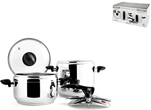 INOXPRAN - Set 2 Pentole PRESS INOXCOOK in Acciaio Inossidabile, con 2 Coperchi: uno per Cottura a Vapore di Ø 22 cm e uno per Cottura Tradizionale Ø 22 cm, Dotate di tre valvole di sicurezza