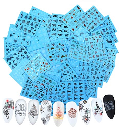 MWOOT 48 Sheets Christmas Nail Art Stickers Decals,New Year Water Transfer Stickers Set with Santas Snowflake,Home Manicure Decals for DIY Nail Tips Decoration