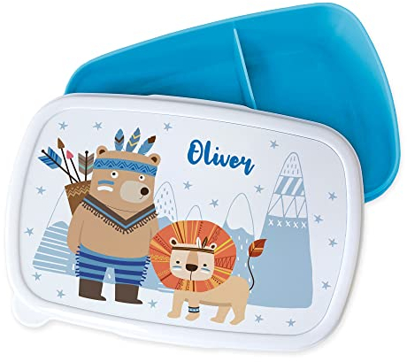 GRAZDesign Brotdose Kinder personalisiert, Lunchbox Kindergarten und Schule, Brotbox in Blau mit Unterteilung, Name und Indianerbär, Geschenk zu Einschulung, Blau