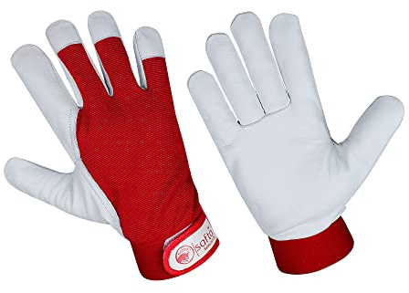 SAFTA Gardening Gloves for Men & Women, Leather palm with Breathable Spandex back, Thorn proof Gardening Glove, Heavy Duty Driver Glove, Multipurpose Gloves for Mechanics, Ware House. (Red, XL)
