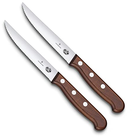 Victorinox WOOD Set de cuchillos para carne, 2 piezas, cuchillos muy afilados con filo dentado, mango de madera de arce