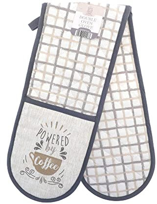 Powered by Coffee Design Double Oven Gloves - 100% Cotton - Gift Idea for that Person Who Is Powered By Coffee