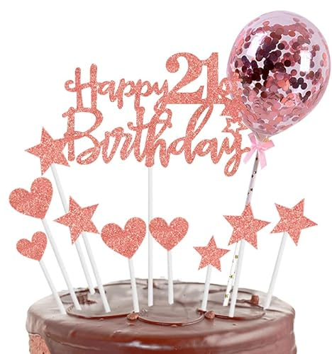 Personalised Happy 21st Birthday Cake Toppers Rose Gold for Her,Girl,Women,Happy Birthday Sign for Cake,11p Glitter Cupcake Topper Cake Topper 21st Birthday Cake Decorations for 21st Birthday Party