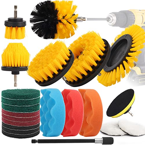 22PCS Drill Brush Attachment, for Cleaning Includes All Purpose Drill Brush, Scrub Pads & Sponge with Extend Attachment, Buffing Pads for Car Surfaces