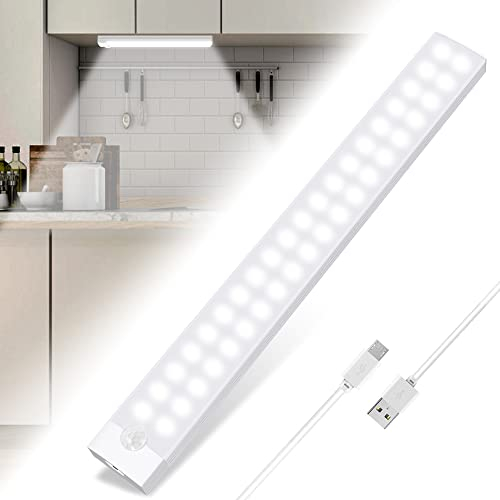 Tailcas Luz de Armario con Sensor Movimiento, 3 Modos Luz Armario 2000mAh USB Recargable Luz Nocturna, Adhesiva Regulable Lampara LED para Cocina, Escalera, Garaje, Pasillo, Emergencias