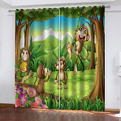 Verdunklungsvorhänge Ösen Schlaufen Thermovorhang Hitzeschutz Kinderzimmer Kinder Mädchen Junge Wald-Cartoon-Tier-Affe 2Er Set 170X200Cm Blickdichte Gardinen Wohnzimmer Modern Vorhang Blickdicht