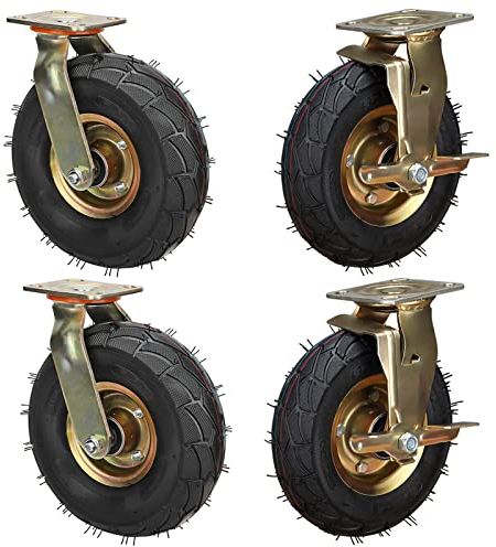 WORDFUN 2 Industrierollen Schwerlast Mit Bremse + 2 MöbelLenkrolle, Luftbereift, 10'' Bockrolle, Hochelastischer Gummi, Flexible Rotation, Für Transportwagen, Mobile Möbel, Werkbank