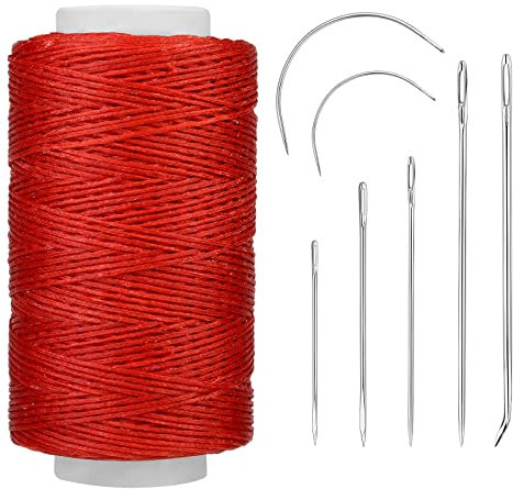 250M Leather Waxed Thread, Sewing Waxed Thread Cord with Leather Needles, Upholstery Repair Sewing Thread Kit for Bookbinding, Shoe Repairing, Leather Projects, 150D/Red
