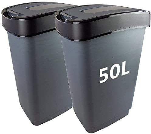 2friends Mülleimer Abfalleimer mit Schwingdeckel, 2 Stück, je ca 50 l, 56 * 29 * 39 cm, Farbe: grau/silber; Made in EU