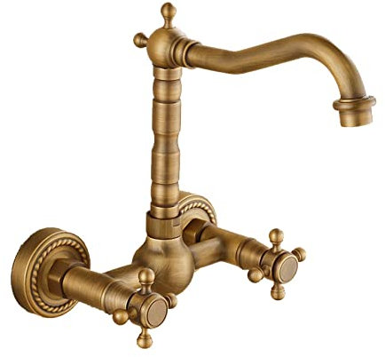 BiaoTeng Rubinetti Bagno Retro Vintage,Rubinetto Doppia Maniglia,Girevole 360°,Rubinetto Lavandino Bagno Vintage,Rubinetto Lavello Cucina A Muro,Antico B