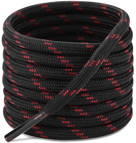 Puzeam 2 Pares Cordones Redondos para Botas, 4.5 mm Cordones Resistentes para Zapatillas de Montaña, Zapatos de Senderismo, Calzado de Seguridad Negro Rojo 160 cm