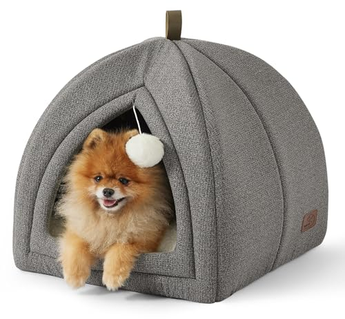 BEDSURE Katzenbett große Katzen Katzenhöhle- 44x44x44 cm Katzenhaus Indoor mit abnehmbarem Sherpa Katzenkissen und hängendem Spielzeug, Katzen Bettchen waschbar, hellgrau