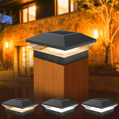 T-SUNUS Pfostenleuchte Solar, Pfostenkappen Solar mit LED 2 Farbtemperatur IP65 Wasserdicht Pfostenlampen für Zaunpfosten für Hölzerne Pfosten Plattform 4 Stück