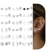 JeweBella 18Pairs Kleine Ohrstecker Chirurgenstahl Damen Silber Flatback Ohrringe Hypoallergen Zirkonia Stern Mond Knorpel Ohrringe Set Helix Piercing Ohrstecker für Mehrere Ohrlöcher