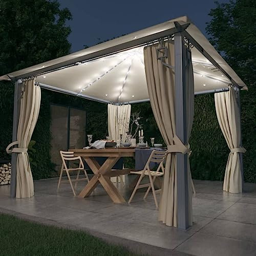 Willood Pavillon mit Vorhängen & LED-Lichterkette 300x300 cm Creme Alu