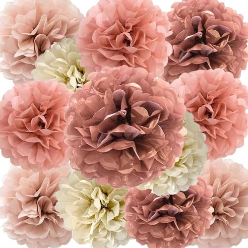 Hochzeit Deko 12 Stück papier Pompons Set,Blush Rosa Roségold Pom Poms Papier für Hochzeit,Geburtstag,Party Dekorationen- 30,5 cm, 25,4 cm