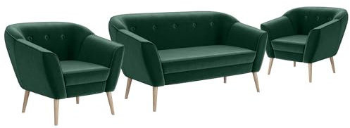 MEBLINI Mini Sofa Set 2-1-1 für Wohnzimmer - Mini Lounge für Vier Personen - Küchensofa - Sofa Klein - Sitzgarnitur - Polstergarnitur - Sofagarnituren - Doris - 2+1+1 - Grün Samt