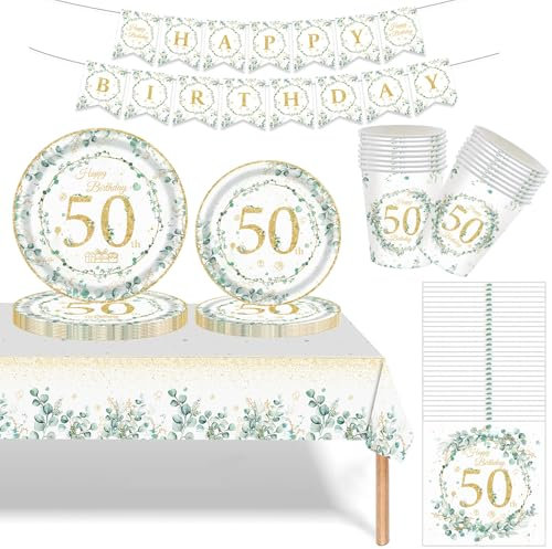 Mienocol Sage Green 50th Birthday Party Tableware, 70pcs Dinnerware Set with Plates, Cups, Napkins, Tablecloth and Happy Birthday Banner for 50 Years Old Anniversary Celebration