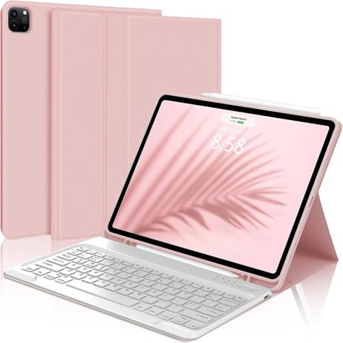 IVEOPPE Keyboard Case for iPad Pro 12.9-inch 6th/ 5th/ 4th/ 3rd Gen- Keyboard for iPad Air 13 inch 2024 M2, Case for Pro 12.9'' with Detachable Bluetooth Keypad- UK Layout, Light Pink