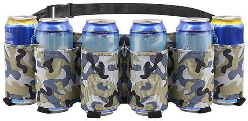WBZOWRB 1 Piece Beer Belt Portable Drinker, Portable Drinker Beer Soda Can Belt Holder 6 Drinks for Camping Hiking Outdoor Party, Festival Gadget, Dad Gift (Khaki Camouflage), a, M
