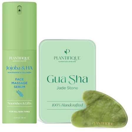PLANTIFIQUE Jade Gua Sha Stein für Gesichtsmassage & Jojobaöl & Hyaluronsäure Gesichtsserum für Gua Sha Massage, 30 ml