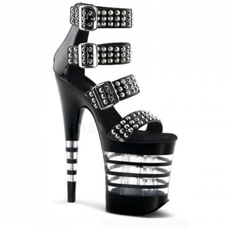 DMBDY High Heels Damen Plateau Stiletto Nieten Sandale Offene Zehen Schnalle Pumps Party Club Pole Dance Schuhe 20cm,Black,38