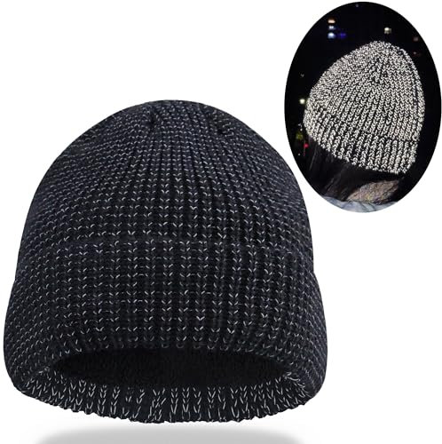 babalet Reflektierende Wintermütze für Damen, Herren, Erwachsene, Sichtbarkeit, gestrickt, Polarfleece, gefütterte Kappe für draußen bei Nacht, 1 Stück, Schwarz