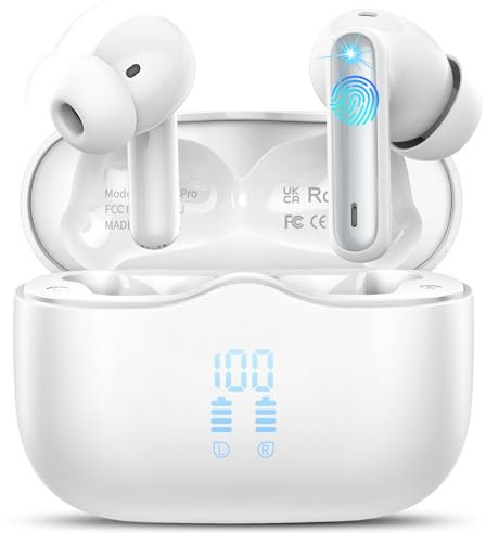 Cuffie Bluetooth, Auricolari Bluetooth 5.4 con 4 HD Mic, Suono Nitido, 40Ore Cuffie Wireless In Ear ENC Cancellazione Rumore HiFi Stereo, LED Display, Touch Control, USB-C, IP7 Impermeabile, Bianco