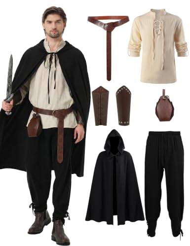 Dzorim Costume Médiéval de la Renaissance pour Homme 7Pcs Costume de Viking Pirate Chemise à Lacets Pantalon avec Ceinture Protège-Poignets et Autres Accessoires