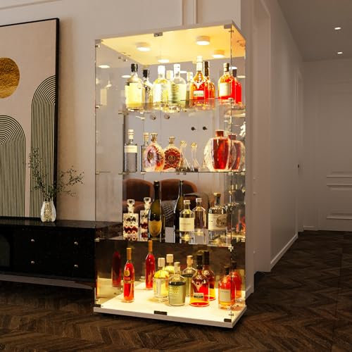 EIFSON Vitrine en Verre avec LED, Panneau Arrière en Verre Miroir, Vitrine Moderne avec 2 Portes et 4 étagères en Verre ESG, Vitrine de Collection pour Le Bar, Le Salon, 164 x 80 x 36 cm, Blanc