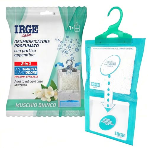 Sicignano | Deumidificatore con Appendino 2 in 1 IRGE, Anti-Umidità e Anti-Odore, Capacità 500 ml, Ideale per Armadi e Ambienti Domestici, Fragranza Muschio Bianco