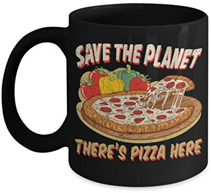 YIVXA Mug 11 oz Pizza Lovers Mugs Save The Planet There's Pizza here - Funny Black Porcelain Coffee