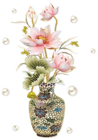 Wandaufkleber im chinesischen Stil, Lotusblumen-Vase, 61 x 119,4 cm, klassische Lotusblüte, Wandaufkleber, Wandbilder, 3D-Wandkunst-Aufkleber für Mädchen, Schlafzimmer, Kinderzimmer, Wohnzimmer, TV,