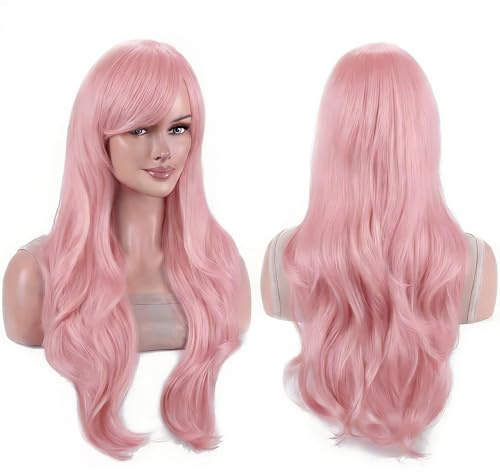 IMISSU 70 cm capelli lunghi acqua parrucche ondulate con frangia parrucca costume cosplay (Rosa brillante)