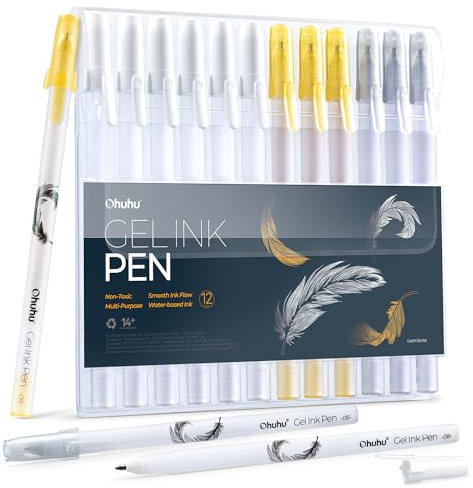 Ohuhu Gold Silber Weiß Gel Stifte, 12 Packung Extra Feiner Punkt Stifte Opake Gel-Tintenstifte Glatte weiße Tinte Stifte für Highlight Schwarzes Papier Kunst Zeichnung Skizzieren Illustration