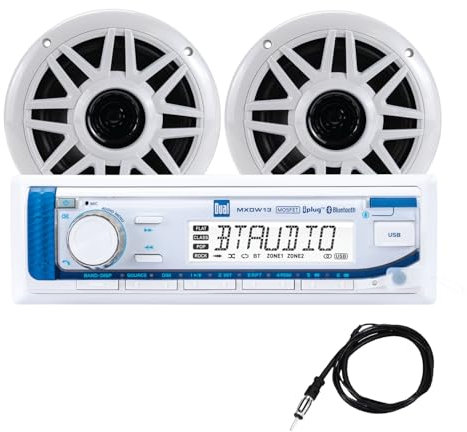 Dual Electronics MXP152W Marine Radio | AM/FM Digital Media Receiver with Built-in Bluetooth | (2) 6.5 Marine Stereo Boat Speakers | Antenna | USB Playback with 2.1A Fast Charging | White