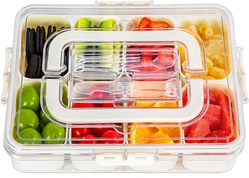 LDYOEN Snack Box Boîte à goûter à 8 compartiments, Boîte à goûter avec couvercle et poignée, Plateau de Service Divisé, Assiette à goûter pour bonbons, noix, fruits, biscuits et desserts