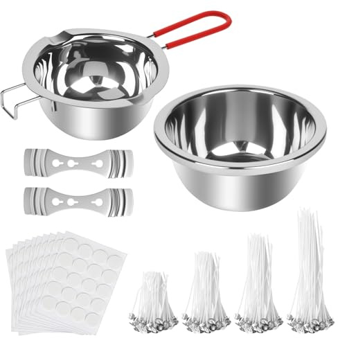 elthmpr Kerzen Selber Machen Set - 200 Stück Kerzendochte für Kerzen, 2 Wachsschmelztopf, 200 Dochte Aufkleber, 2 Edelstahl Dochte, Kerzenherstellung Kit, Kerzengießset für Kerzenherstellung DIY