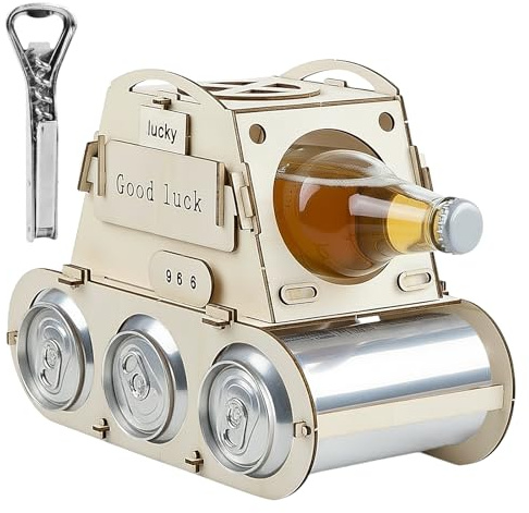 Ziyonix Flaschenträger Holz, Persönliches Holz für Bierflaschen, Panzer Design Bier Geschenk, Flaschenhalter mit Flaschenöffner, Bier Geschenk für Männer, Väter & Freunde