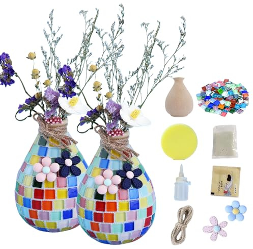 2 Set Mosaikvase, Mosaik-Blumenvase, 7*7*11.5 Cm Diy Vase Mosaik-Set Mit Schwamm, Fugenmasse, Kleber, Handschuhe, Seil Und Kleine Dekorationen, Mosaik Bastelset Für Diy Kunsthandwerk, Heim Deko