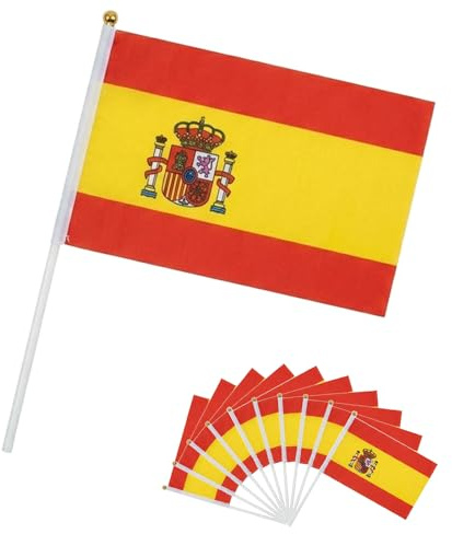 HOMAVEL 10 stycken Spanien handflagga 21 x 14 cm – Handflagga i polyester – La Roja vimpel med 30 cm flaggstång – spansk flagga för VM 2026, fotbollsfest, PR-visning, fanzone, stadion, fanblock