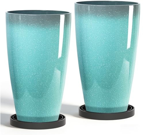 ZMTECH Lot de 2 grands pots de fleurs ronds de 53,3 cm de haut en plastique avec soucoupes et trous de drainage, pots de fleurs pour plantes d'intérieur, décoration de terrasse et de porche, bleu ciel