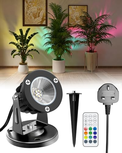 TobeBright RGB LED Spot Lights with Remote Control, Plant Uplighter Indoor & Outdoor IP65 Water Resistant, 16 Colour Changing Mains Powered Plug in Spotlight with Base and Stake, 1.78m Cord, 6W